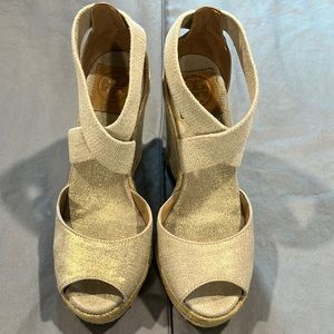 # Tory Burch 7 1/2 NATANYA Leather Wedge Espadrille Sandals Shoes Gold Honey